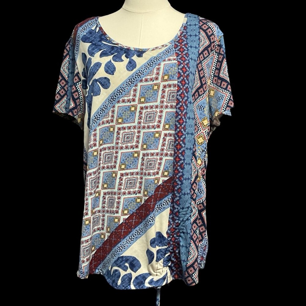 Patchwork Print Top w/ Ruching Detail